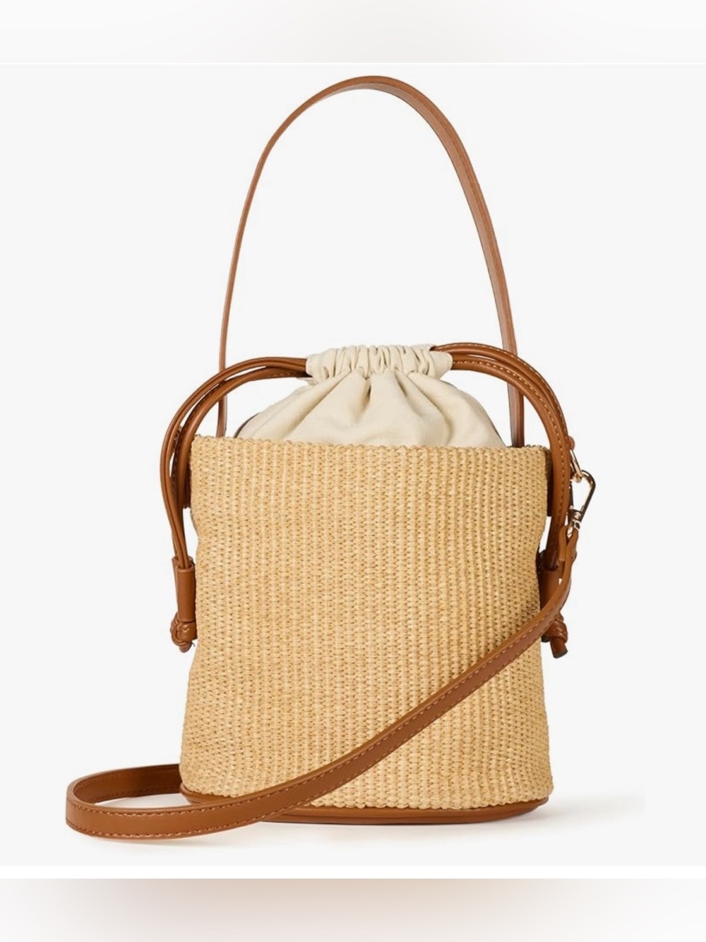 Woven Straw Bucket Bag with Cream Drawstring